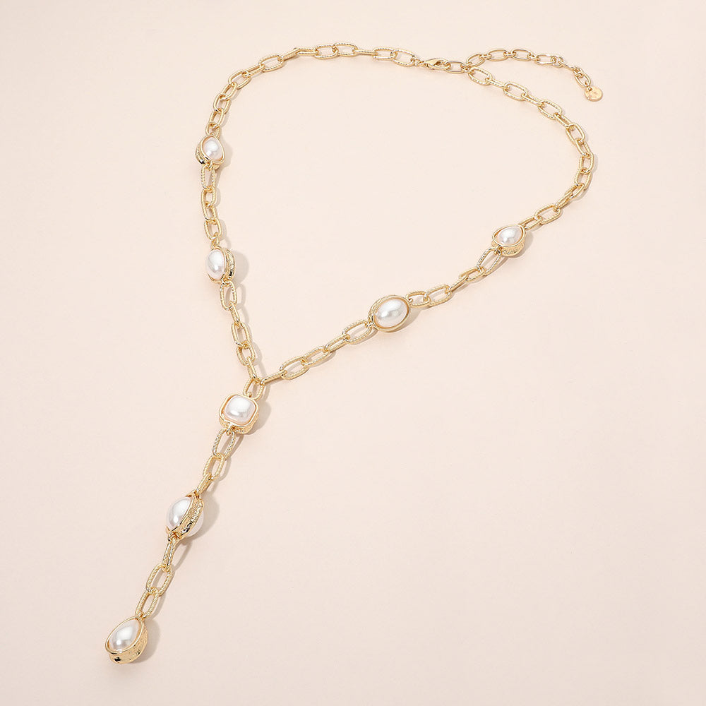 Madeline Love Cream Square Teardrop Oval Emerald Pearl Accent Y-Drop Chain Necklace