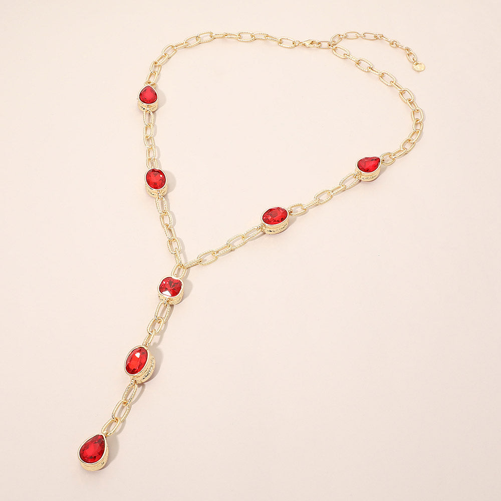 Madeline Love Red Faceted Square Teardrop Oval Emerald Stone Accent Y-Drop Chain Necklace