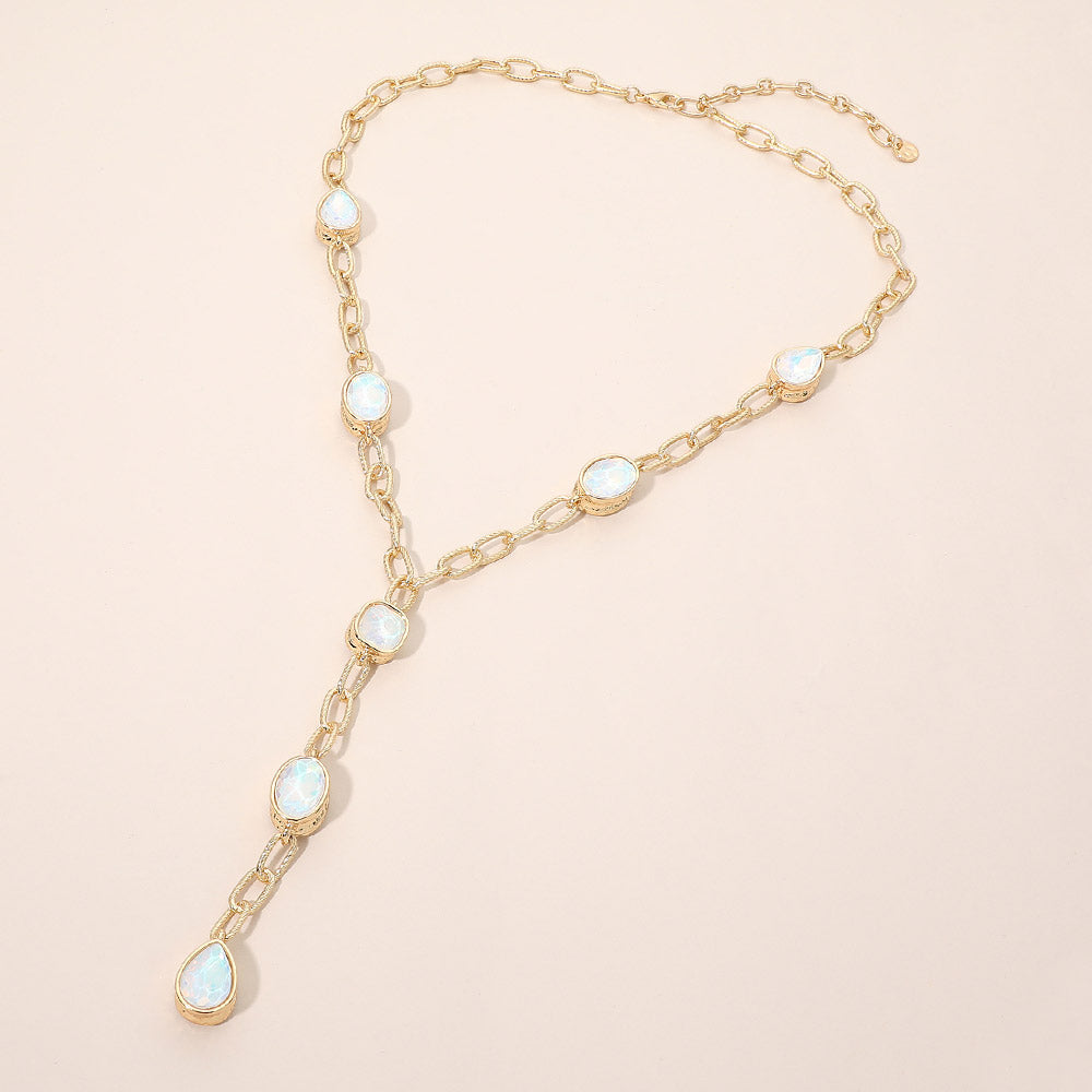Madeline Love White Faceted Square Teardrop Oval Emerald Stone Accent Y-Drop Chain Necklace