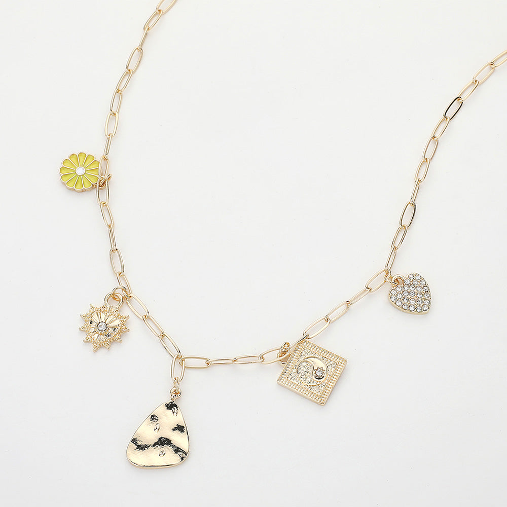 Madeline Love Gold, Yellow Enamel Flower Stone Paved Heart Hammered Metal Charm Station Paperclip Chain Necklace