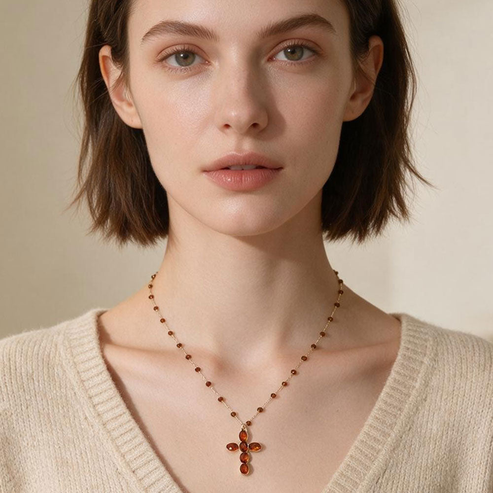 Madeline Love Brown Marquise Cluster Cross Pednant Beaded Chain Necklace