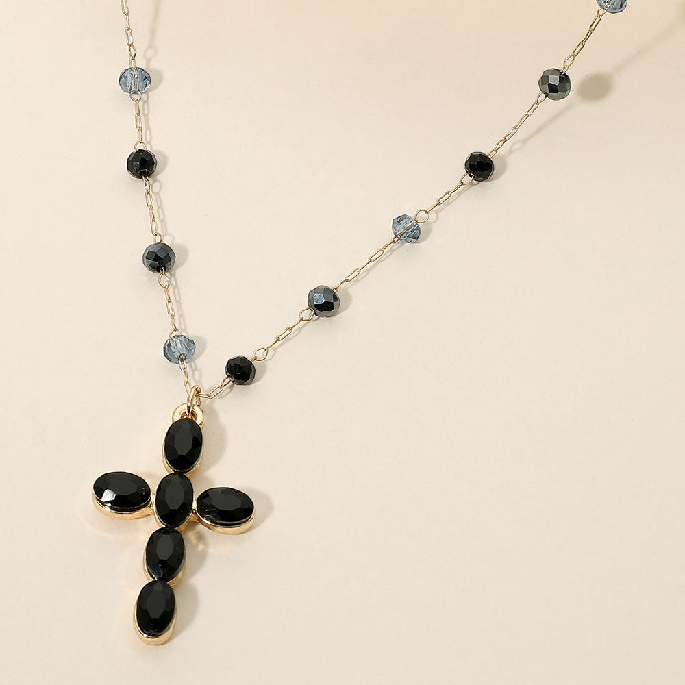 Madeline Love Black, Multi Marquise Cluster Cross Pednant Beaded Chain Necklace