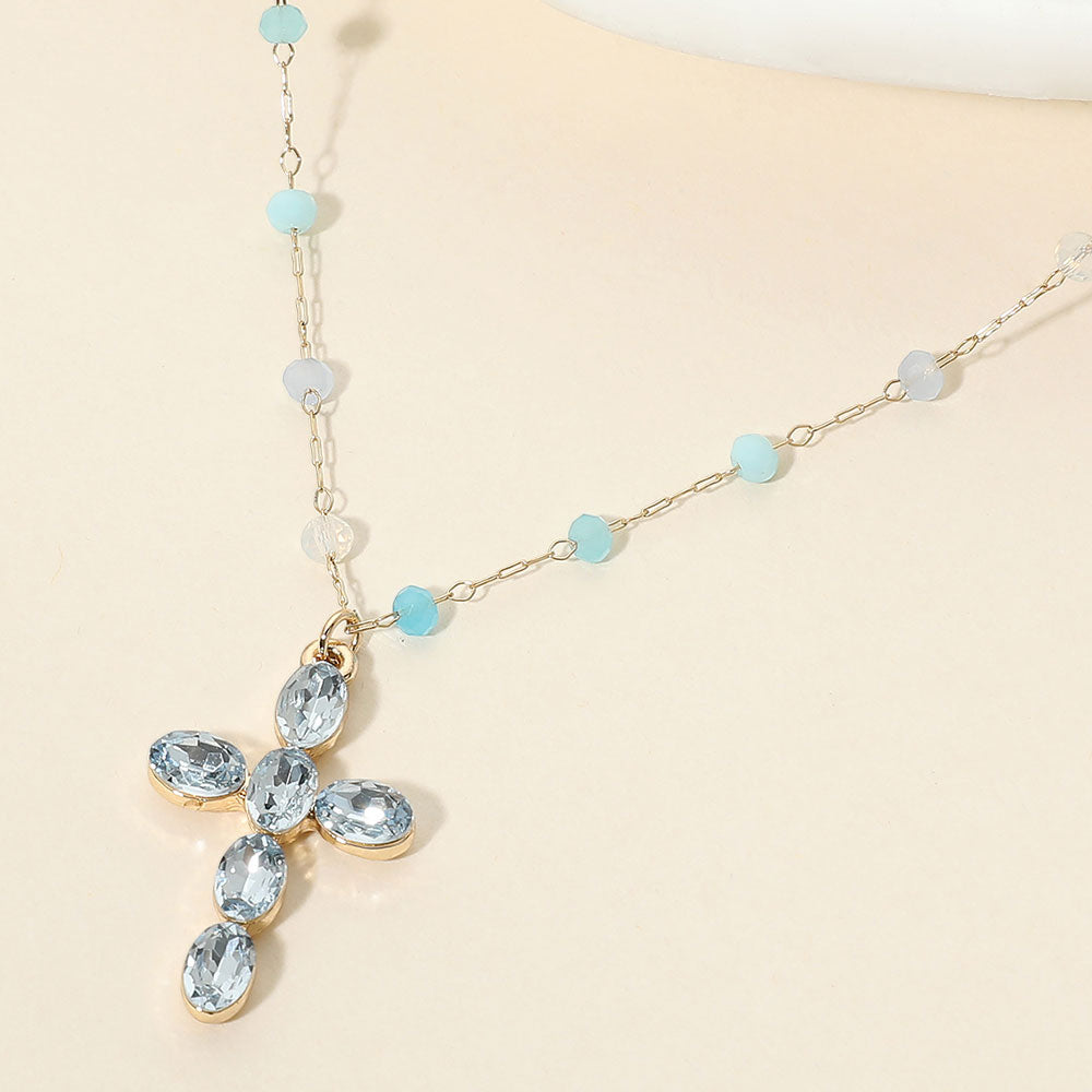 Madeline Love Blue, Multi Marquise Cluster Cross Pednant Beaded Chain Necklace
