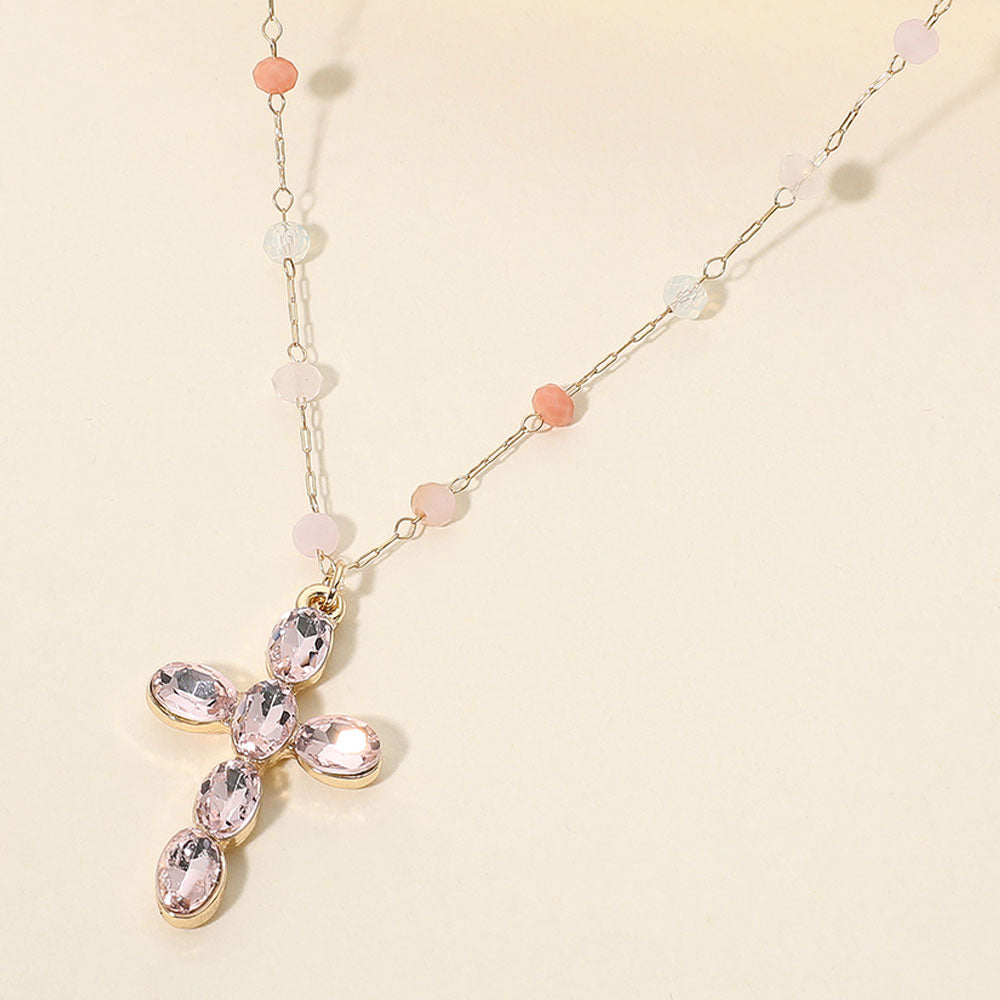 Madeline Love Multi, Pink Marquise Cluster Cross Pednant Beaded Chain Necklace