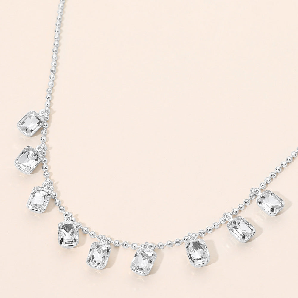 Madeline Love Clear, Silver Rectangle Stone Cluster Station Beaded Chain Necklace