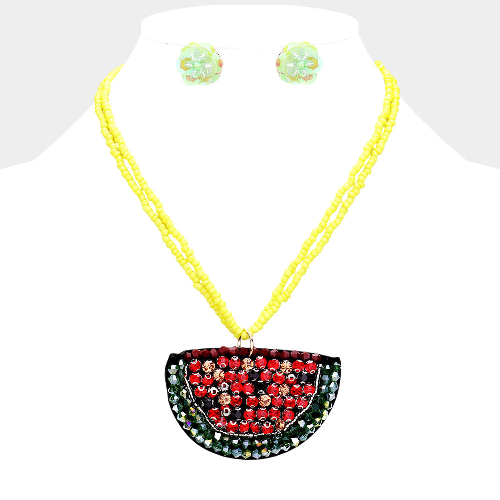 Madeline Love Gold, Green, Multi, Red, Yellow Bead Stone Embellished Watermelon Necklace - Necklaces