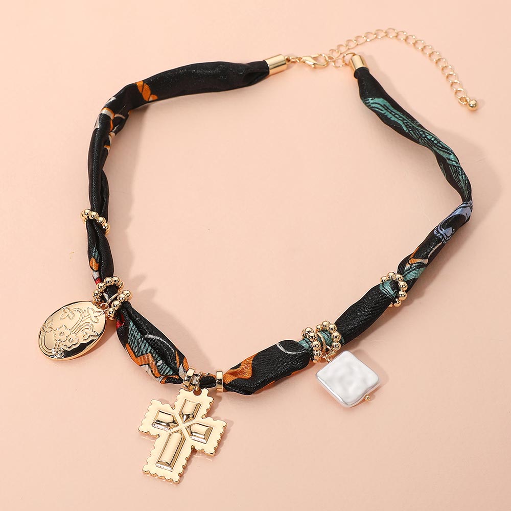 Madeline Love Black, Gold Boho Metal Cross Square Pearl Floral Oval Charm Fabric Necklace - Necklaces