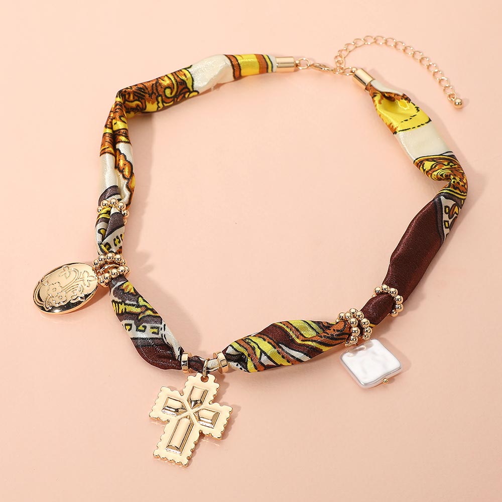 Madeline Love Burgundy, Gold Boho Metal Cross Square Pearl Floral Oval Charm Fabric Necklace - Necklaces