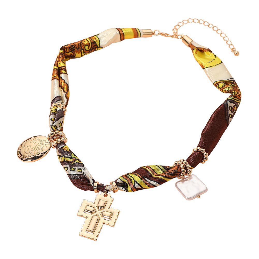 Madeline Love Burgundy, Gold Boho Metal Cross Square Pearl Floral Oval Charm Fabric Necklace - Necklaces - desc