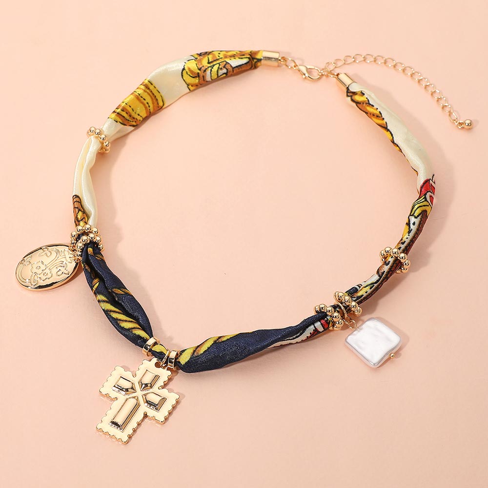 Madeline Love Gold, Navy Boho Metal Cross Square Pearl Floral Oval Charm Fabric Necklace - Necklaces