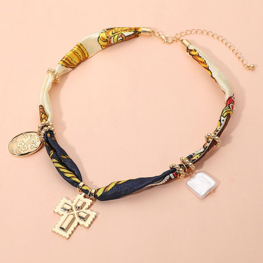 Madeline Love Gold, Navy Boho Metal Cross Square Pearl Floral Oval Charm Fabric Necklace - Necklaces