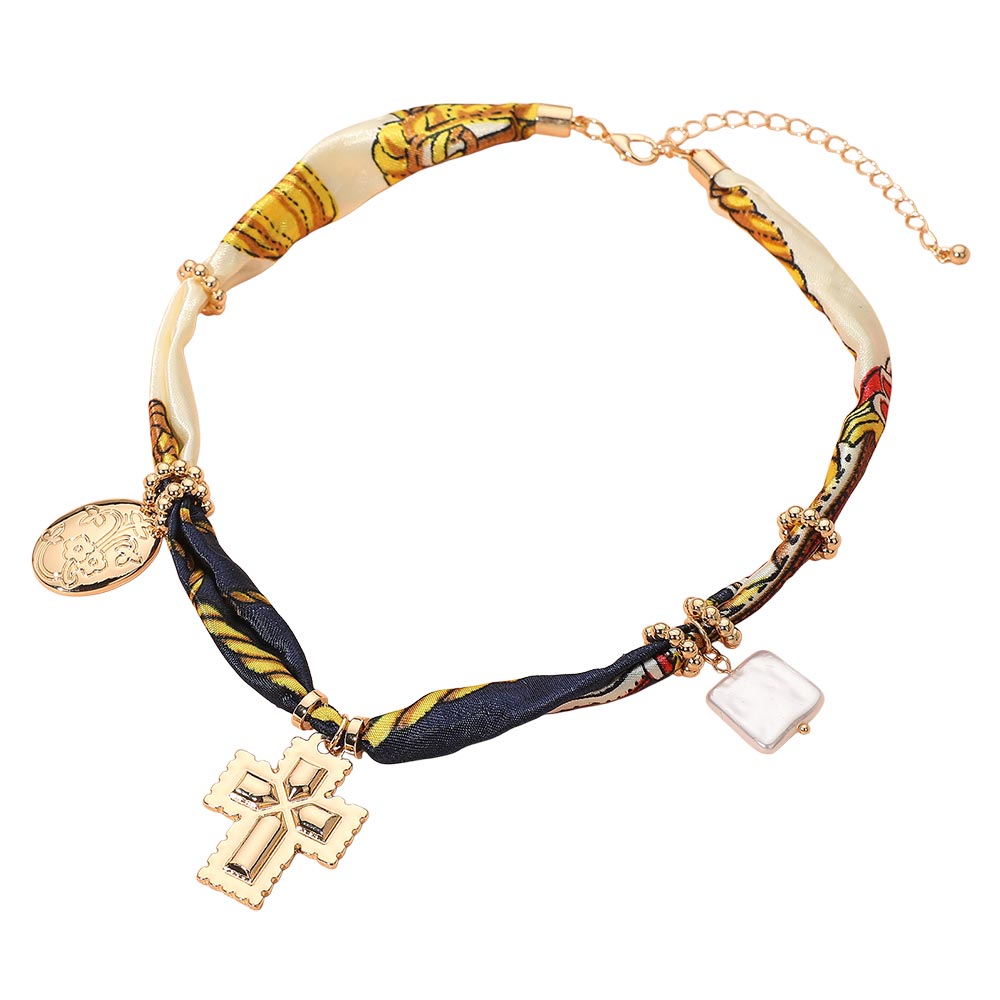 Madeline Love Gold, Navy Boho Metal Cross Square Pearl Floral Oval Charm Fabric Necklace - Necklaces - desc