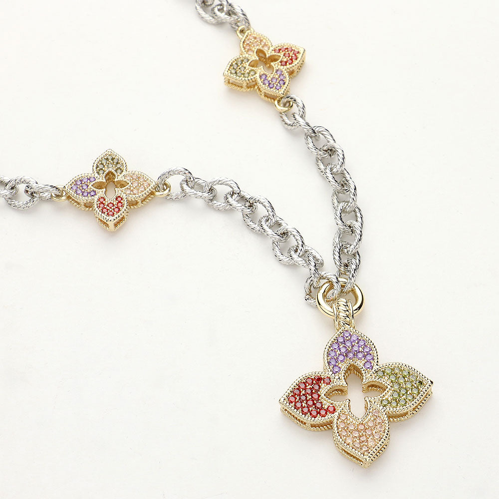 Madeline Love Multi, Two Tone 14K Gold Plated CZ Stone Paved Clover Pendant Station Necklace - Necklaces
