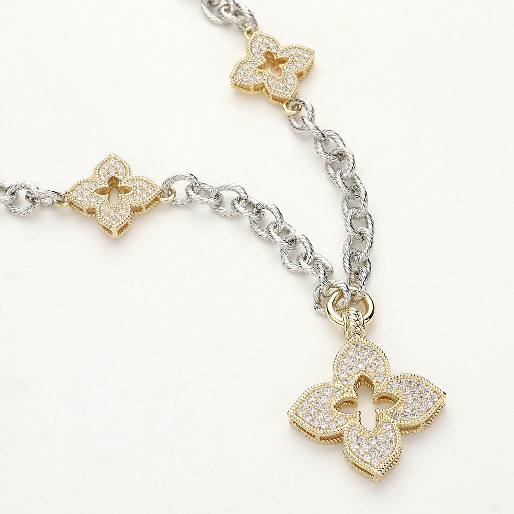 Madeline Love Two Tone 14K Gold Plated CZ Stone Paved Clover Pendant Station Necklace - Necklaces