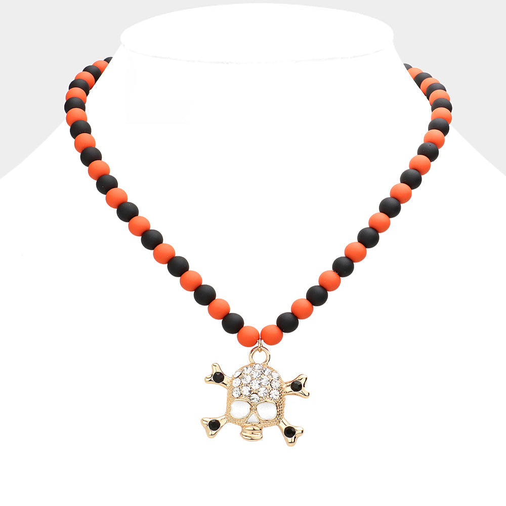 Madeline Love Gold Rhinestone Embellished Skull Pendant Beaded Necklace - Necklaces