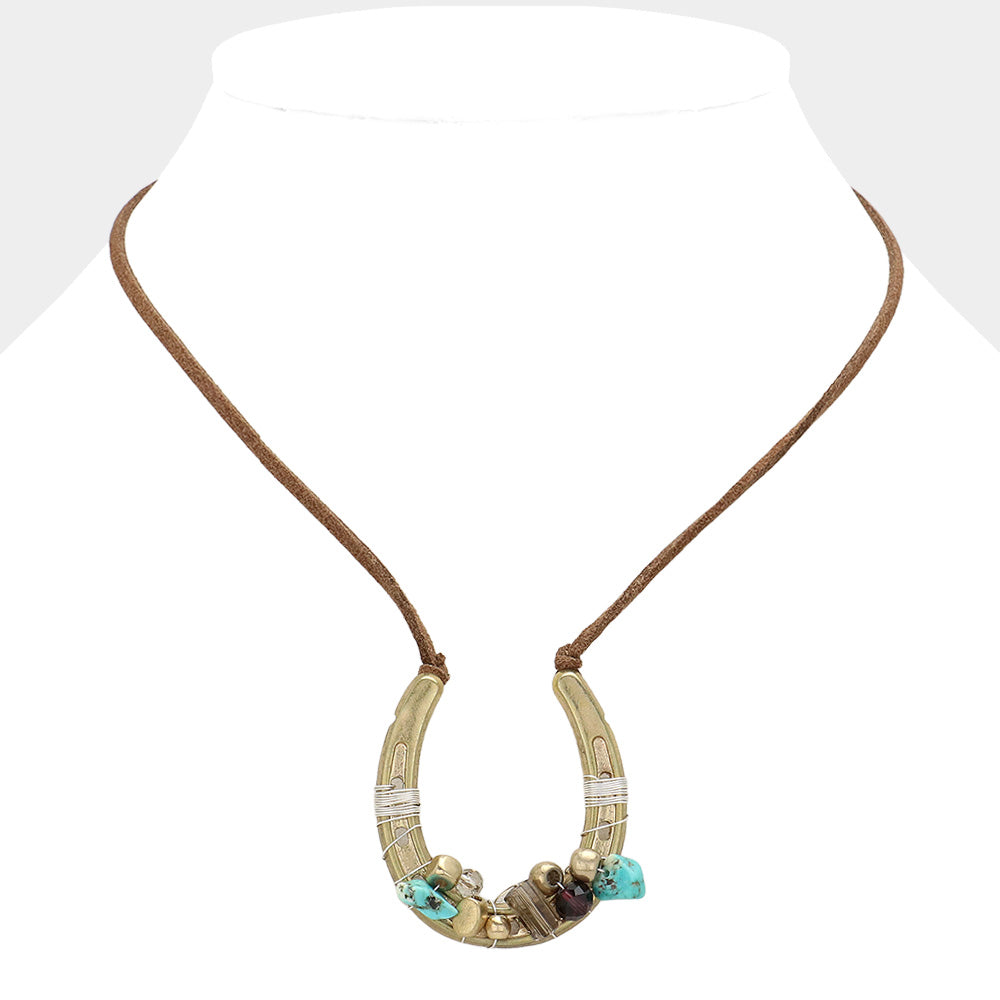 Madeline Love Matte gold, Turquoise Beaded Horseshoe Suede Cord Necklace - Necklaces