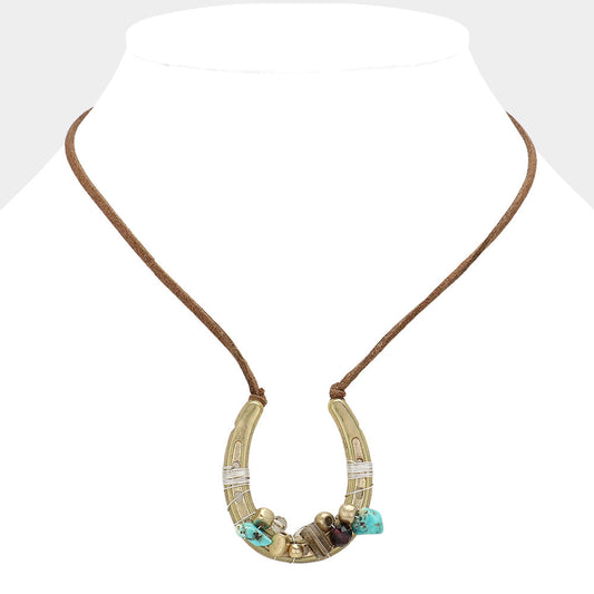 Madeline Love Matte gold, Turquoise Beaded Horseshoe Suede Cord Necklace - Necklaces