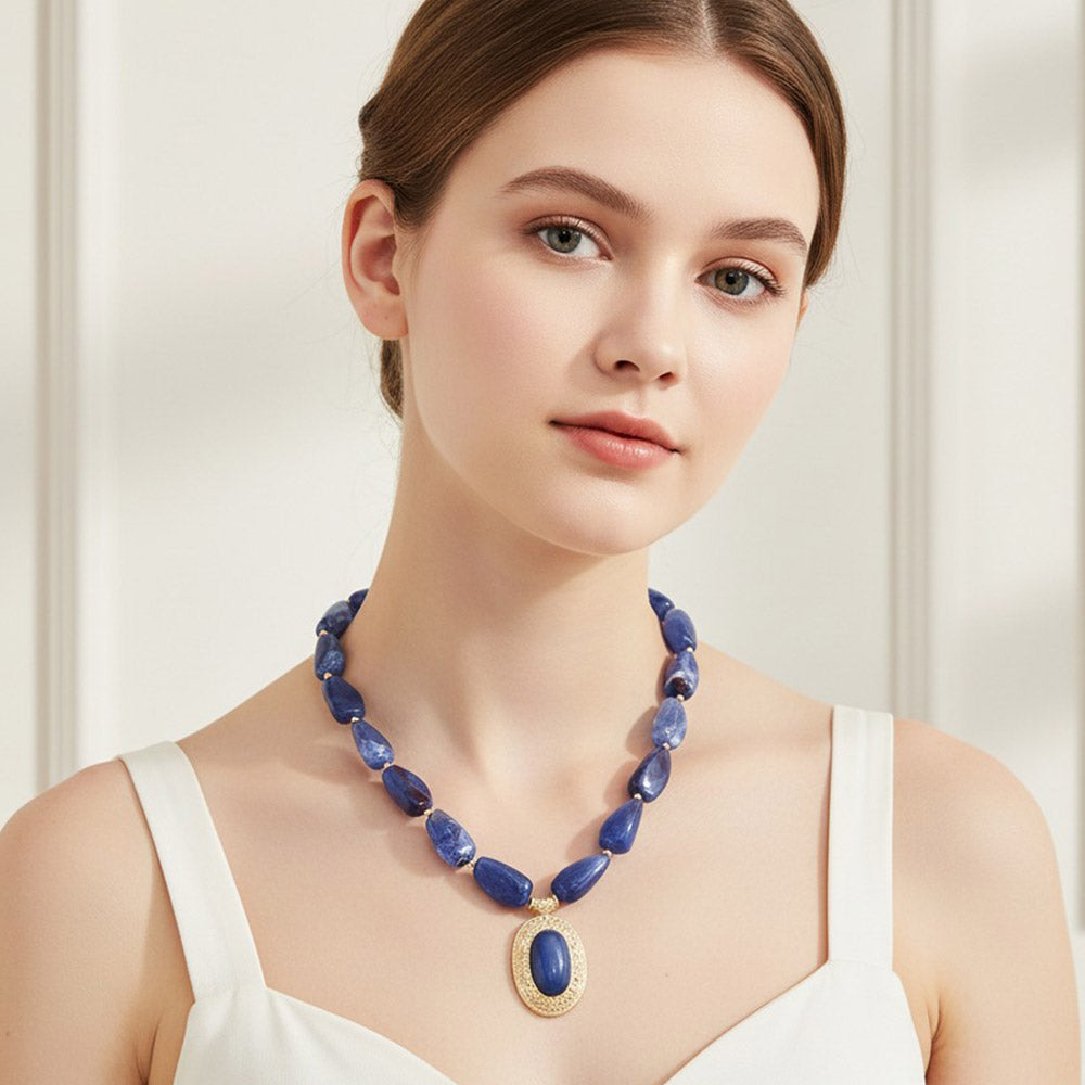 Madeline Love Blue, Worn Gold Ornate Oval Pendant Chunky Beaded Statement Necklace