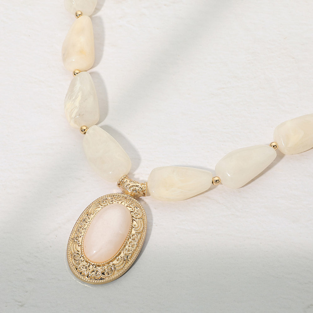 Madeline Love Cream, Worn Gold Ornate Oval Pendant Chunky Beaded Statement Necklace