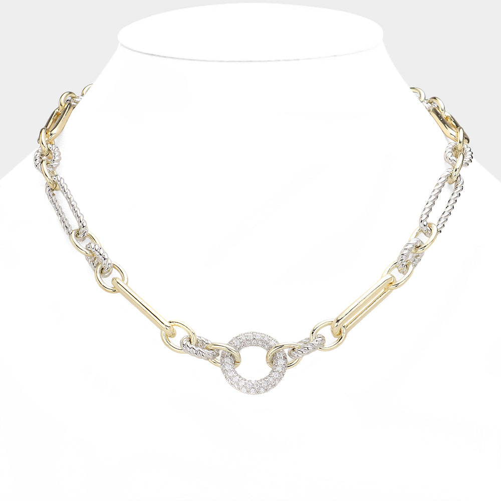 Madeline Love Two Tone 14K Gold Plated CZ Stone Paved Open Circle Pointed Necklace