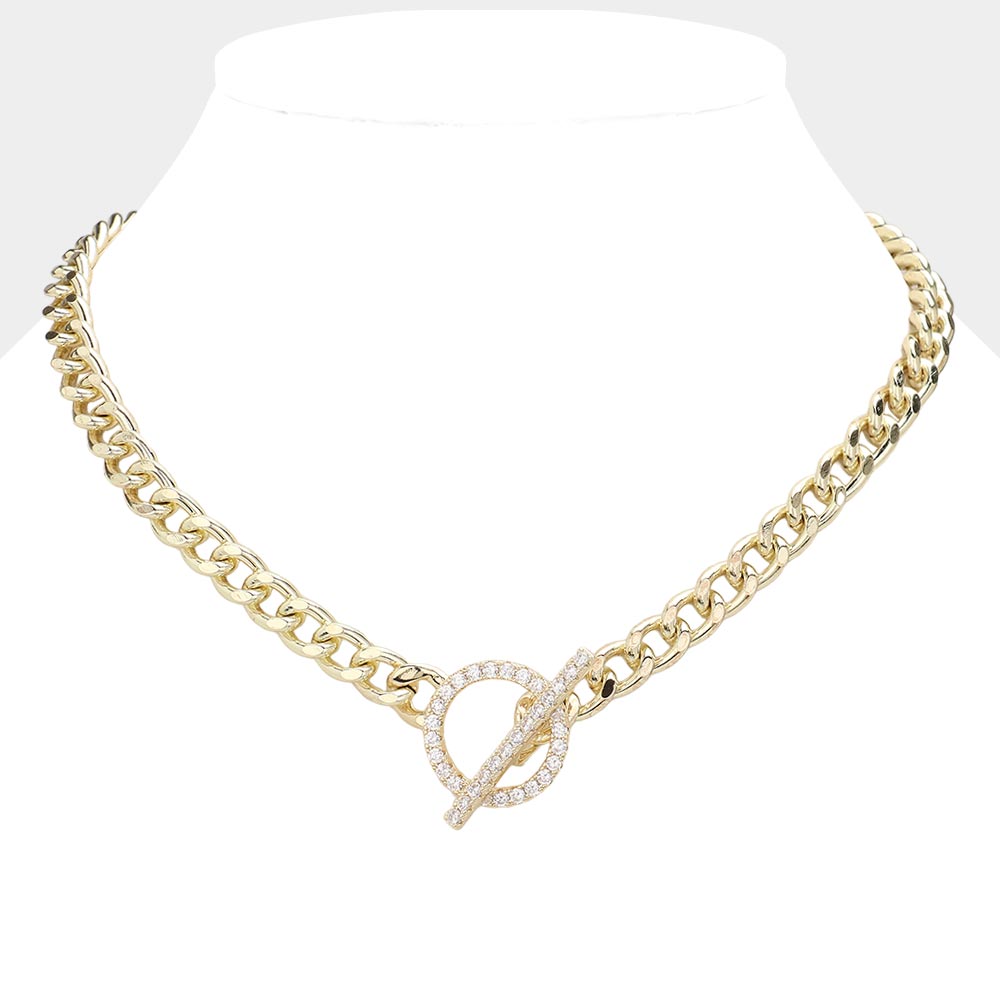 Madeline Love Gold 14K Gold Plated CZ Stone Paved Toggle Necklace - Necklaces