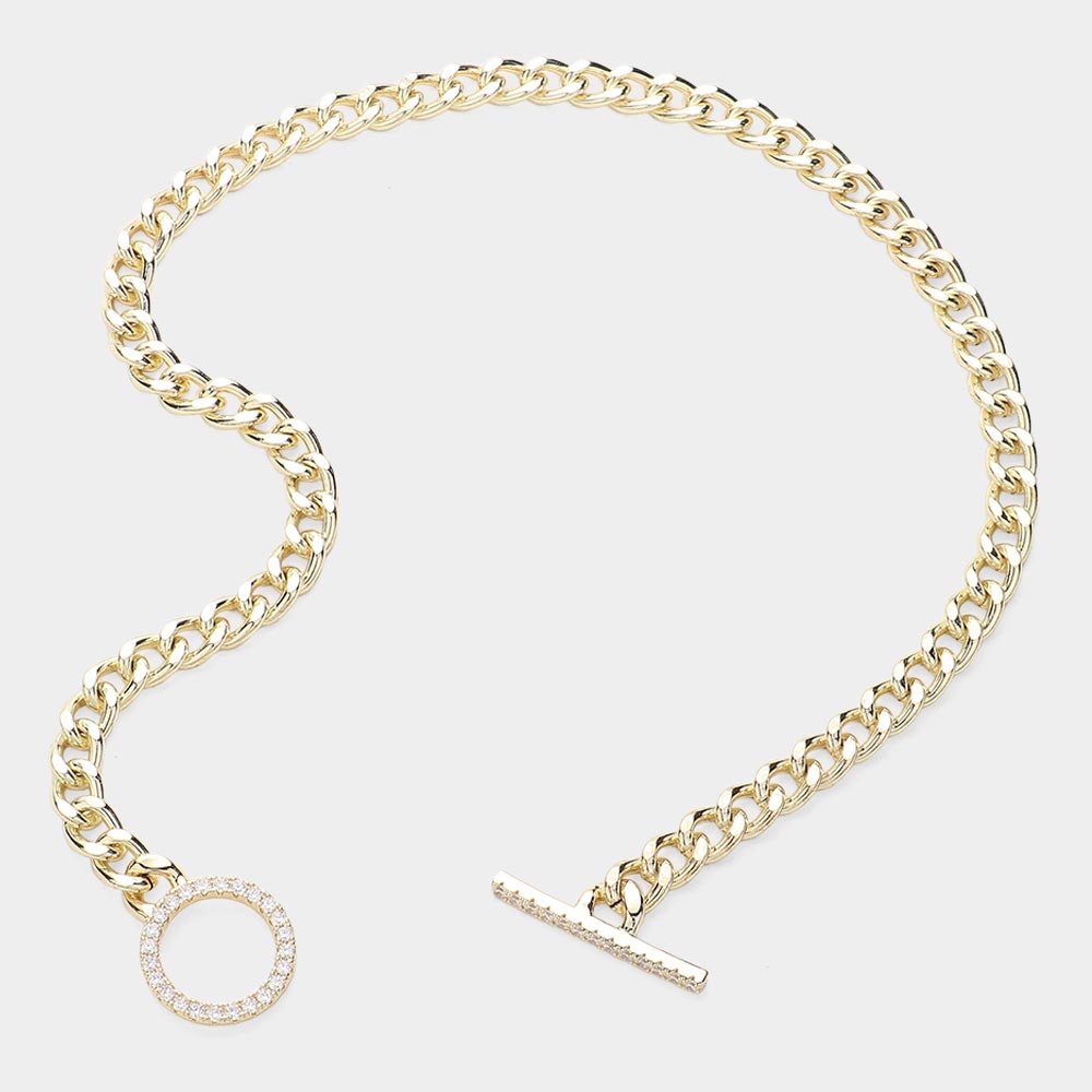 Madeline Love Gold 14K Gold Plated CZ Stone Paved Toggle Necklace - Necklaces - desc