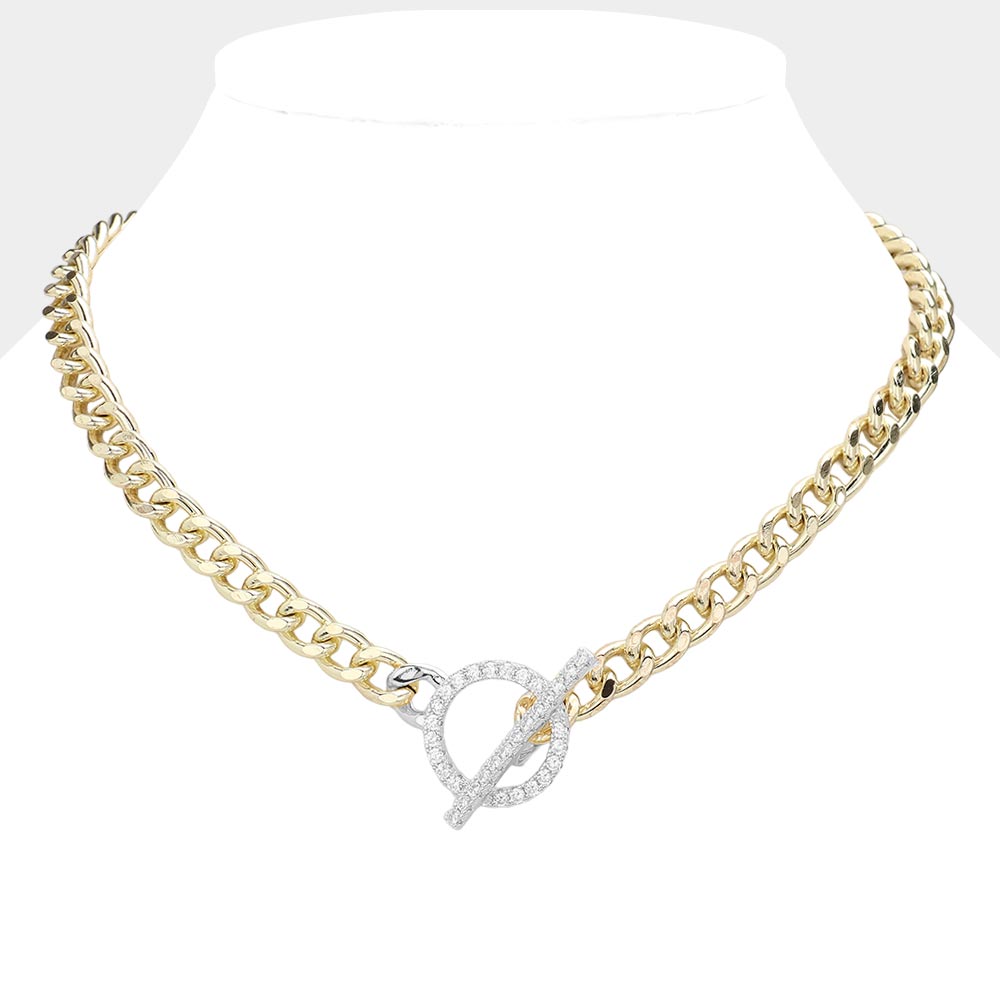 Madeline Love Two Tone 14K Gold Plated CZ Stone Paved Toggle Necklace - Necklaces