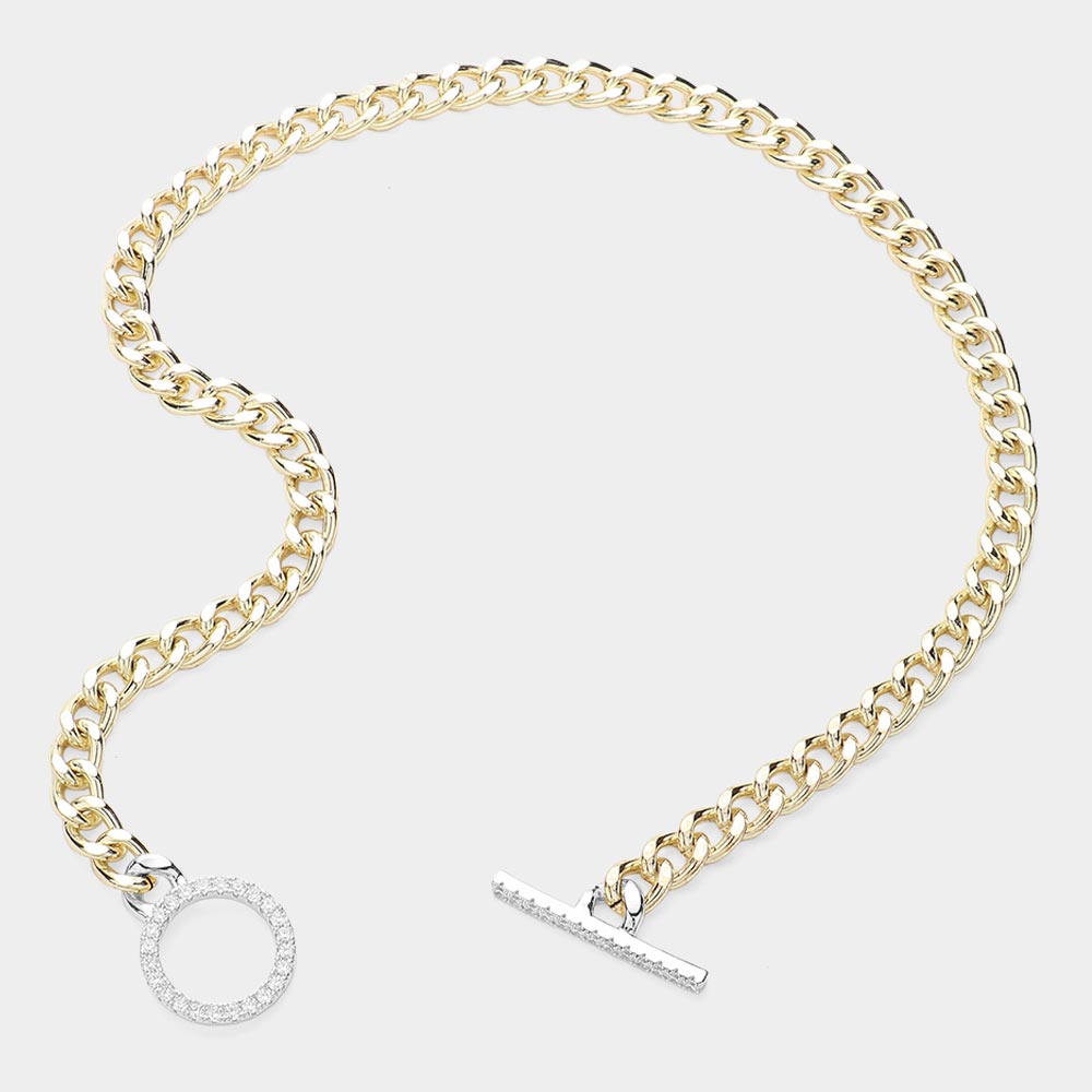 Madeline Love Two Tone 14K Gold Plated CZ Stone Paved Toggle Necklace - Necklaces - desc