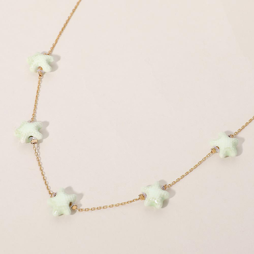 Gold, Mint Ceramic Starfish Station Necklace