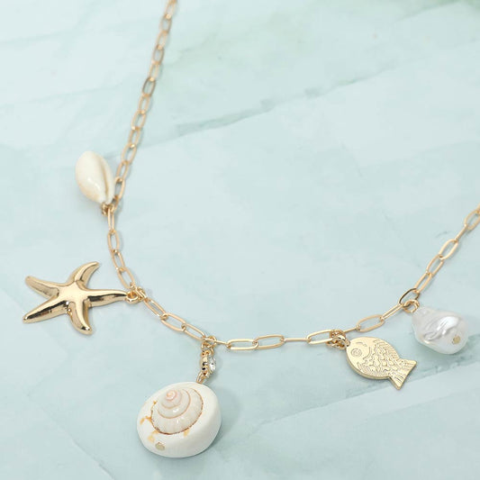 Madeline Love Gold, Multi Shell Pearl Fish Starfish Charm Station Paperclip Chain Necklace - Necklaces