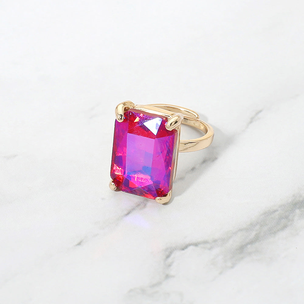 Madeline Love AB, Fuchsia Bold Emerald Cut Stone Cluster Accent Adjustable Ring - Jewelry