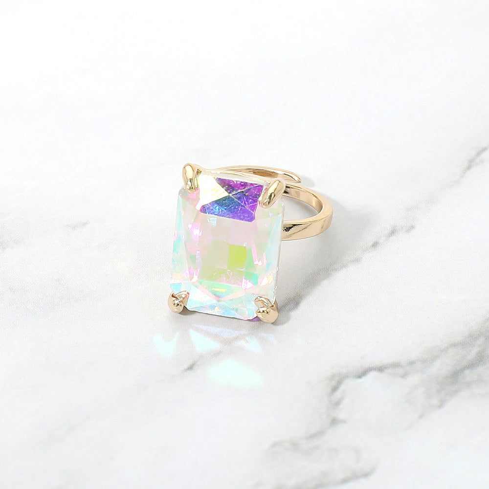 Madeline Love AB, Gold Bold Emerald Cut Stone Cluster Accent Adjustable Ring - Jewelry