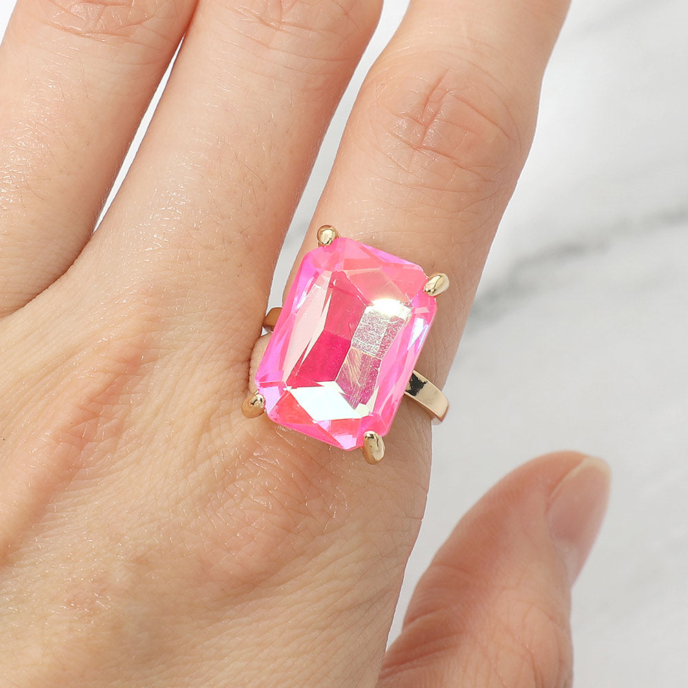 Madeline Love AB, Fuchsia, Neon Bold Emerald Cut Stone Cluster Accent Adjustable Ring - Jewelry