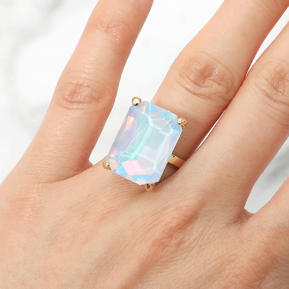 Madeline Love AB, Blue, Opal Bold Emerald Cut Stone Cluster Accent Adjustable Ring - Jewelry