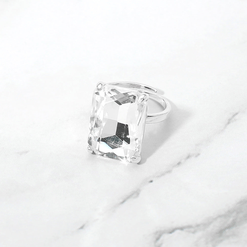 Madeline Love Clear, Silver Bold Emerald Cut Stone Cluster Accent Adjustable Ring - Jewelry