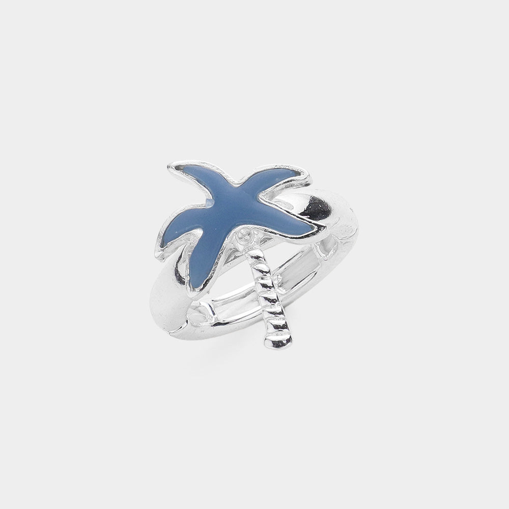 Blue, Silver Sea Glass Palm Tree Stretch Ring