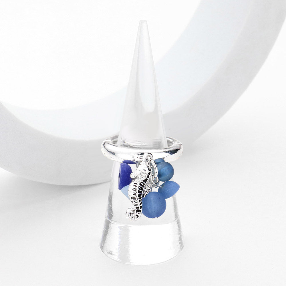 Antique Silver, Blue Sea Glass Metal Seahorse Dangle Stretch Ring