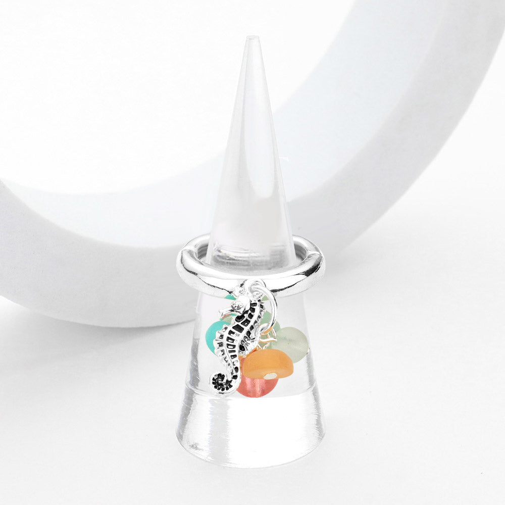 Antique Silver, Multi Sea Glass Metal Seahorse Dangle Stretch Ring