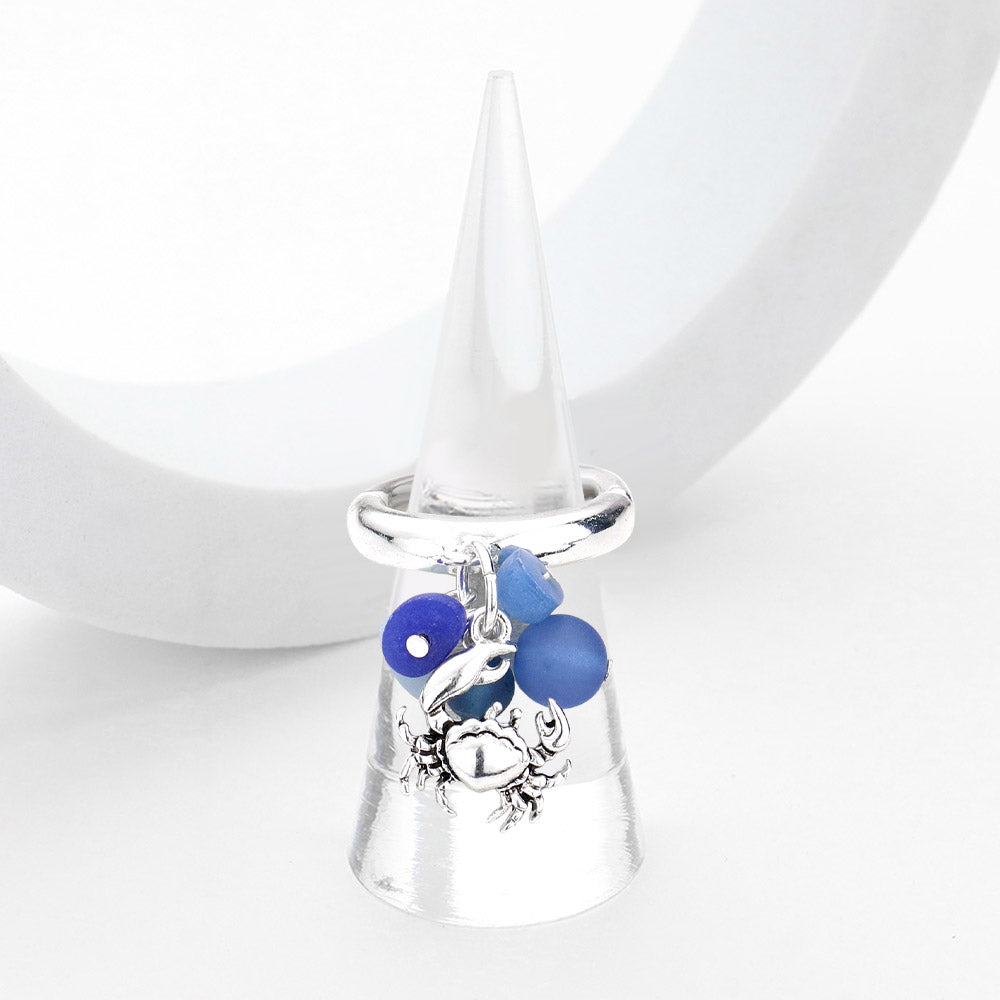 Antique Silver, Blue Sea Glass Metal Crab Dangle Stretch Ring
