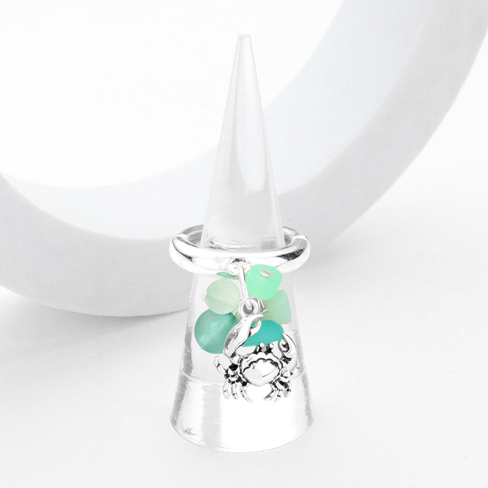 Antique Silver, Mint Sea Glass Metal Crab Dangle Stretch Ring