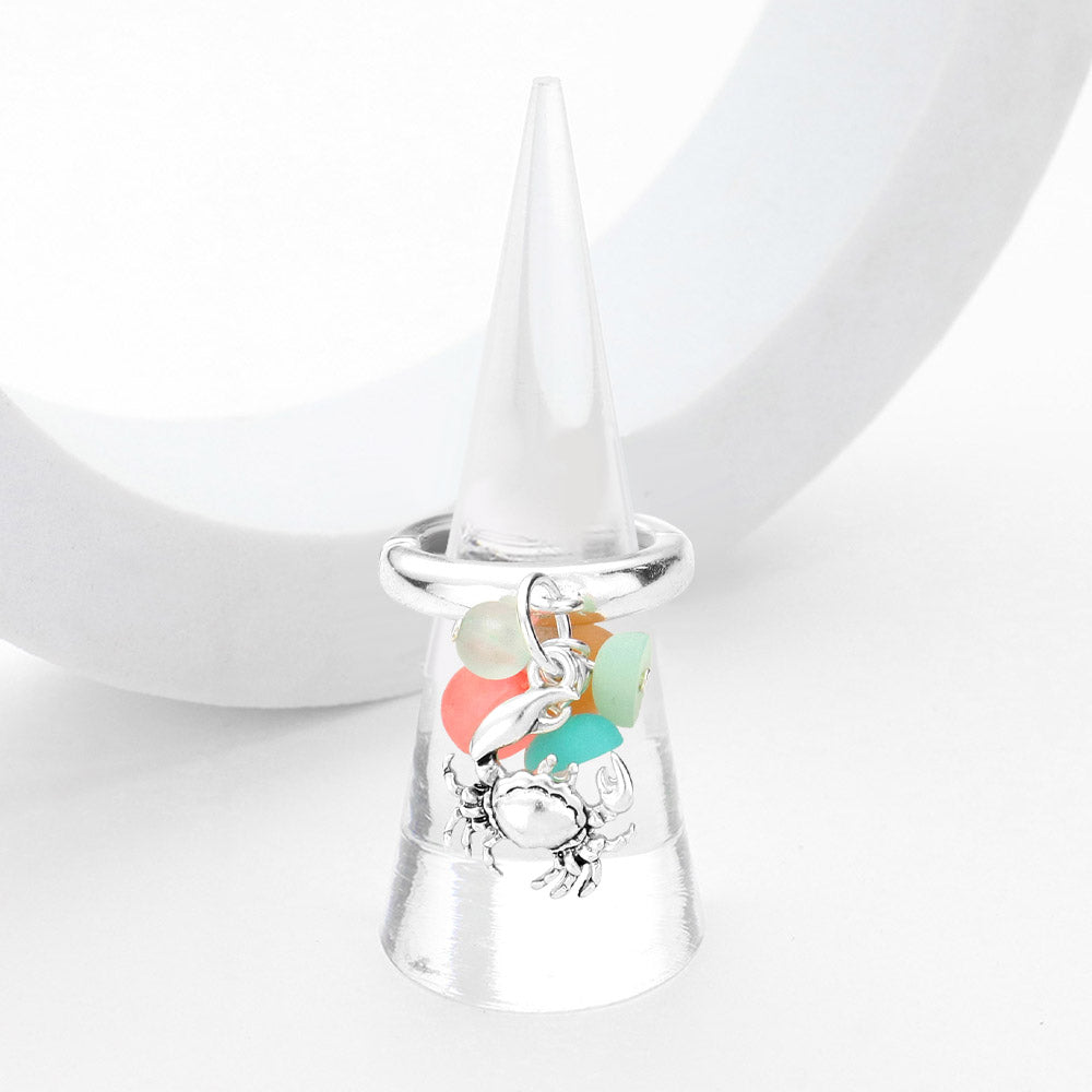 Antique Silver, Multi Sea Glass Metal Crab Dangle Stretch Ring