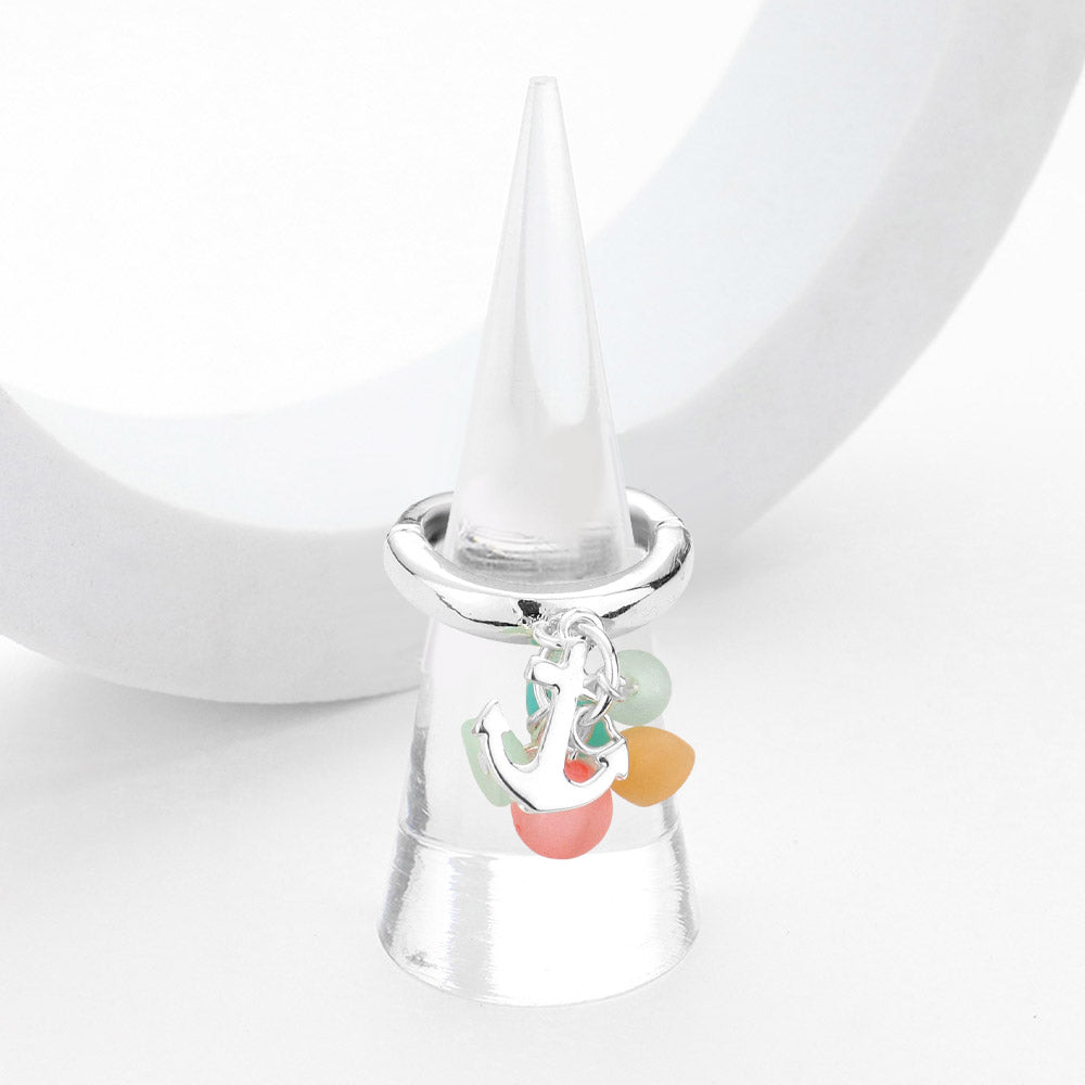 Madeline Love Multi, Silver Sea Glass Metal Anchor Dangle Stretch Ring - Jewelry