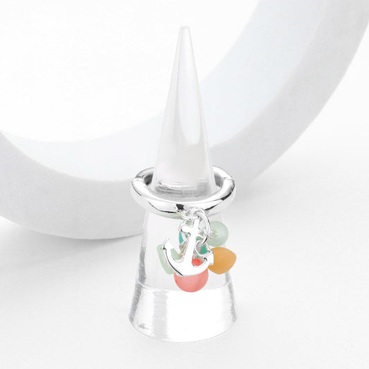 Madeline Love Multi, Silver Sea Glass Metal Anchor Dangle Stretch Ring - Jewelry