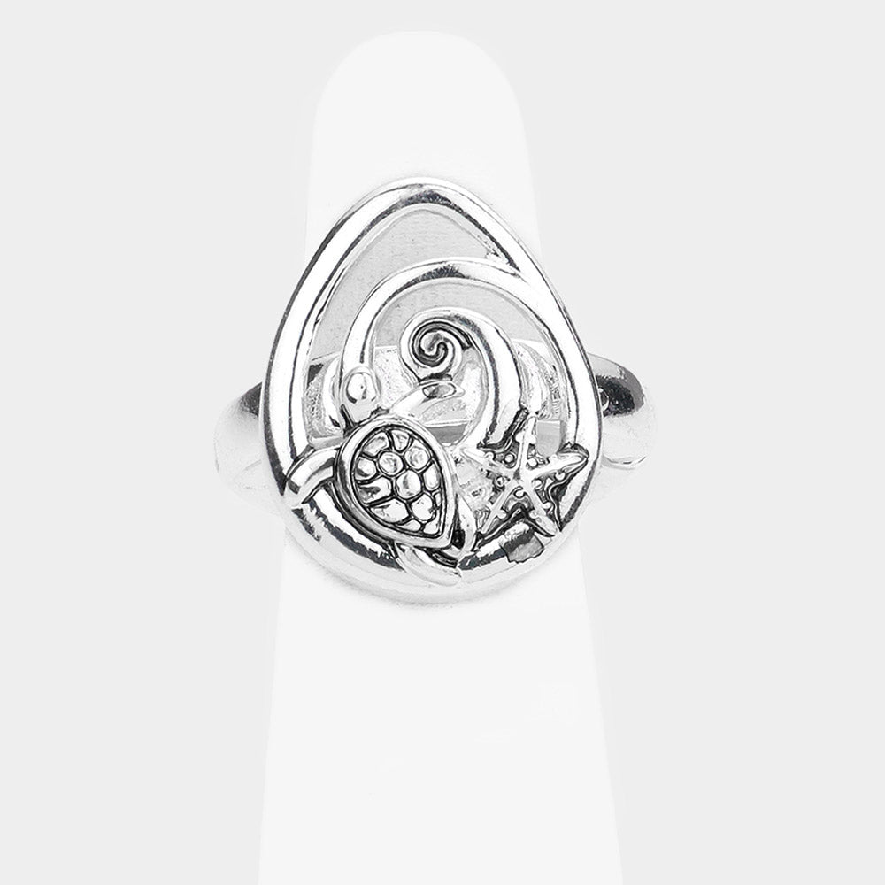 Antique Silver Antique Metal Turtle Starfish Stretch Ring