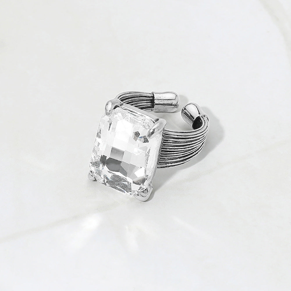 Madeline Love Antique Silver, Clear Emerald Cut Stone Adjustable Ring
