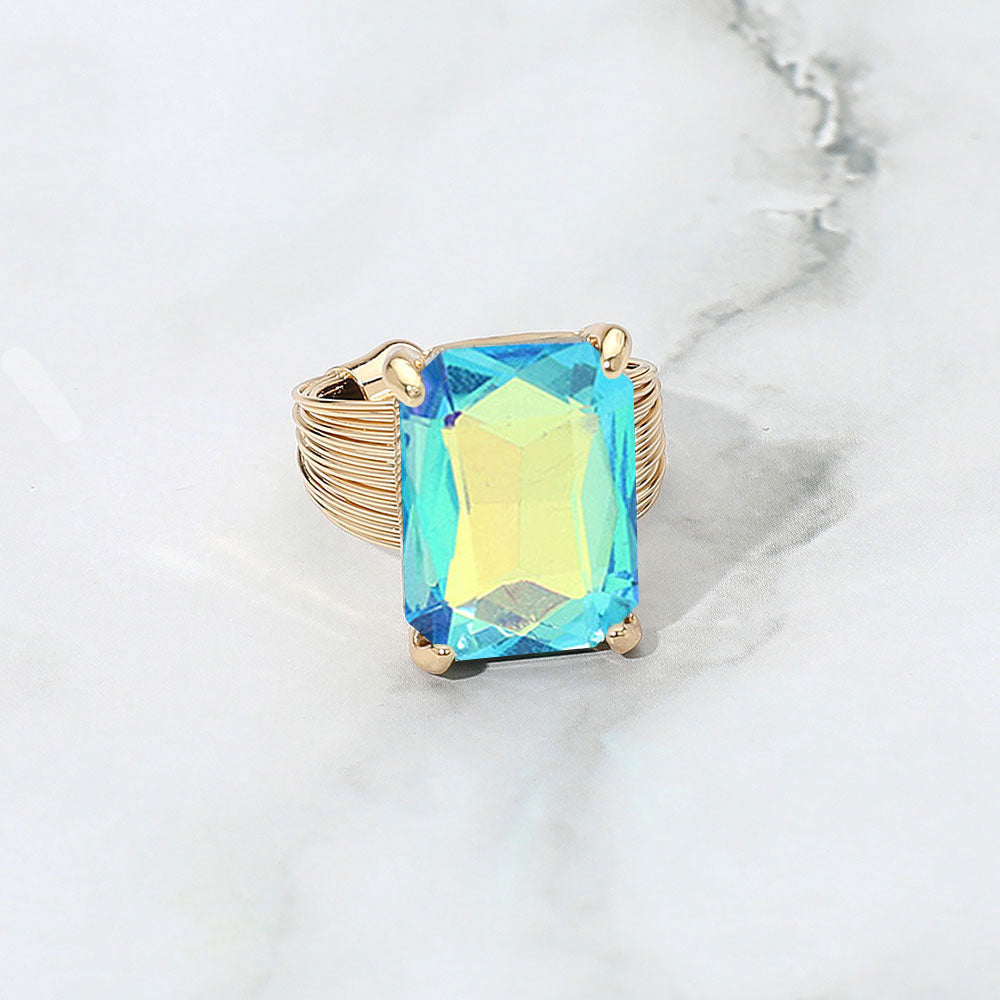 Madeline Love AB, Blue Emerald Cut Stone Adjustable Ring - Jewelry