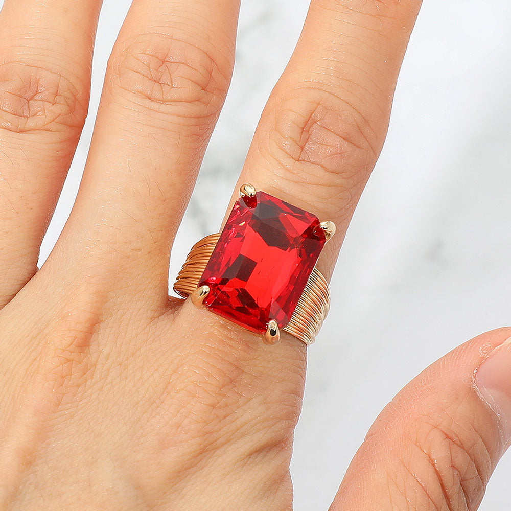 Madeline Love Gold, Red Emerald Cut Stone Adjustable Ring - Jewelry