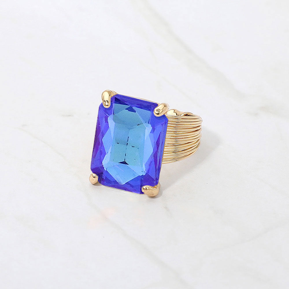 Madeline Love AB, Royal Blue Emerald Cut Stone Adjustable Ring - Jewelry