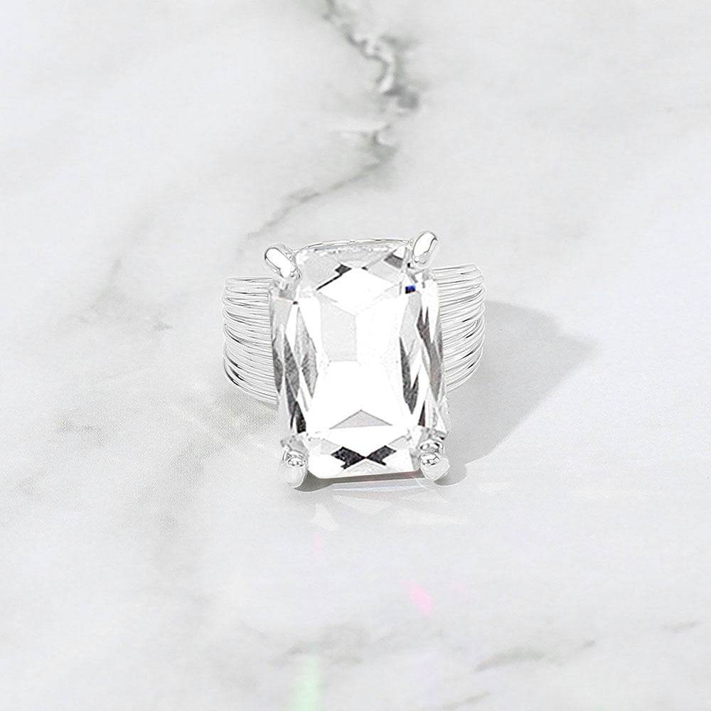 Madeline Love Clear, Silver Emerald Cut Stone Adjustable Ring - Jewelry