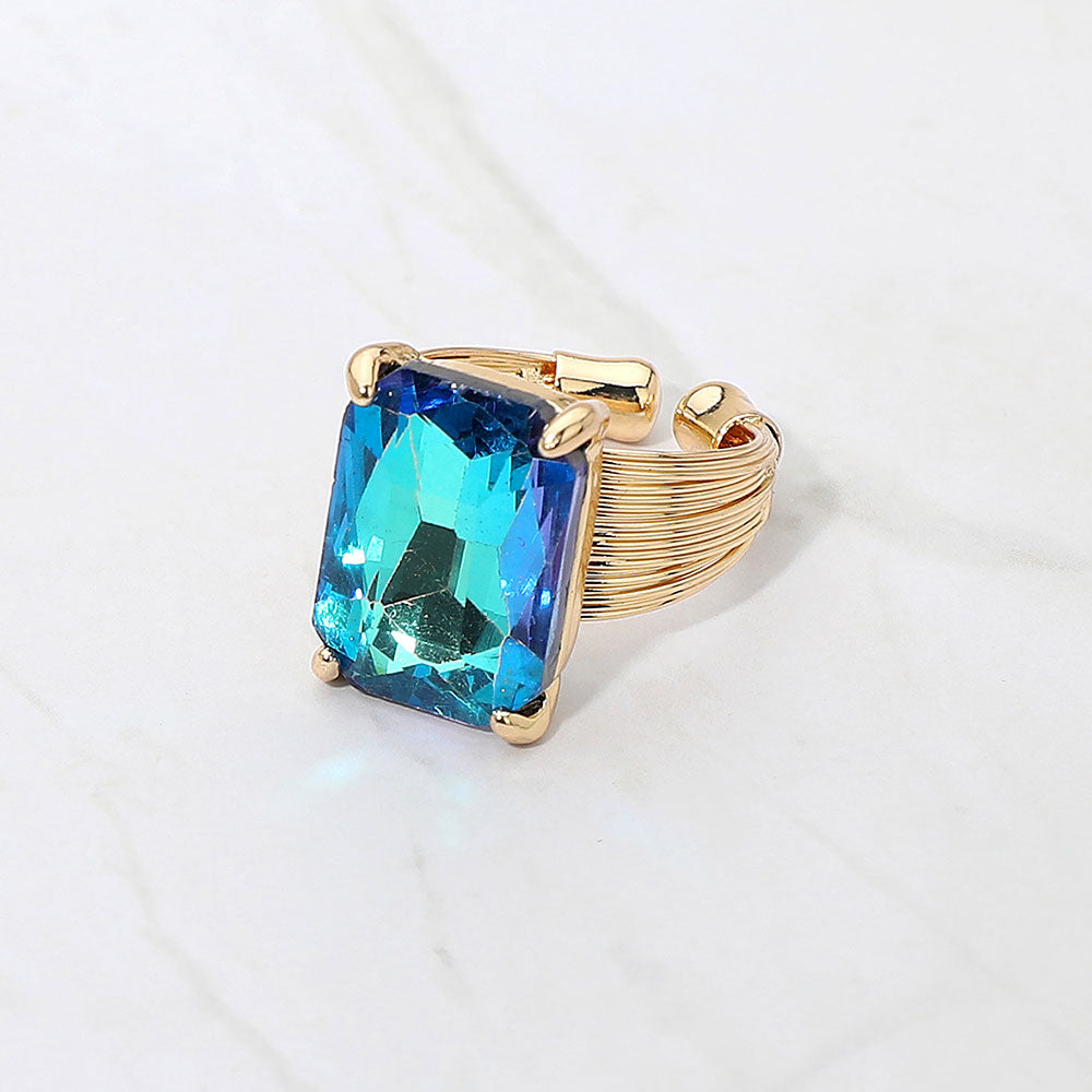 Madeline Love Blue, Gold Emerald Cut Stone Adjustable Ring - Jewelry